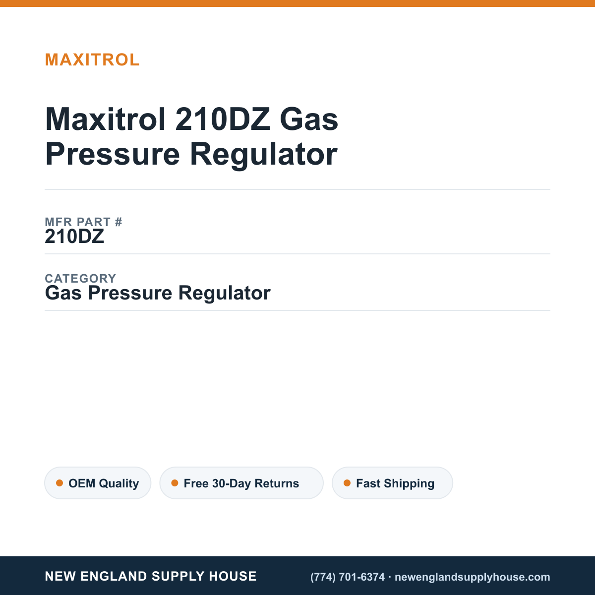 Maxitrol 210DZ Gas Pressure Regulator — New England Supply House spec card [NESH-SPEC-CARD-V2]