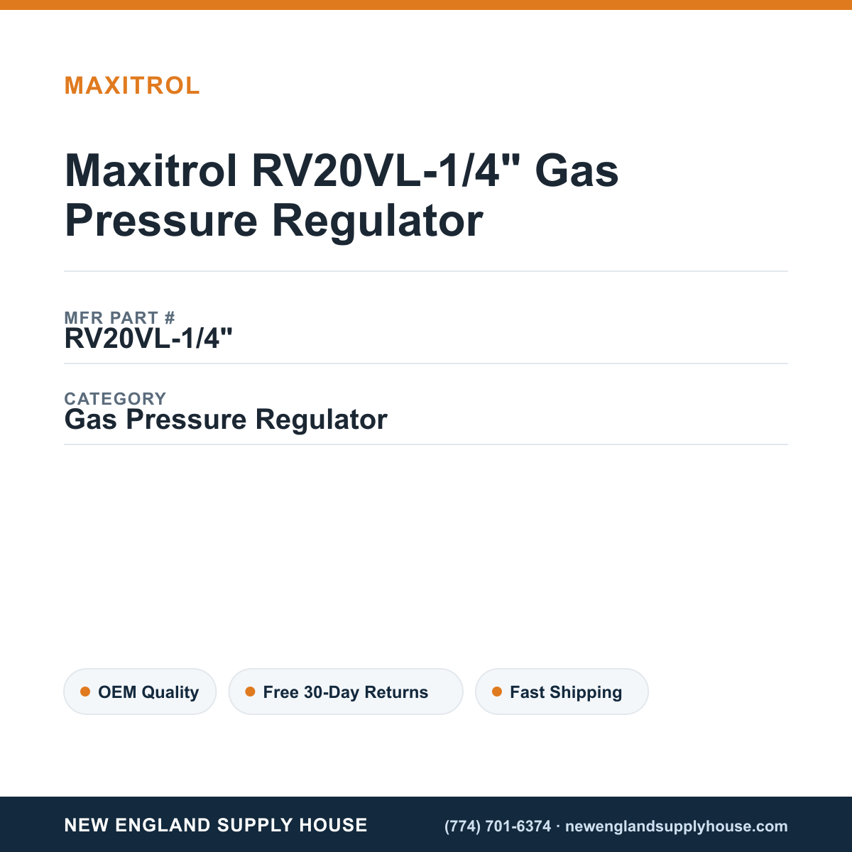 Maxitrol RV20VL-1/4" Gas Pressure Regulator — New England Supply House spec card [NESH-SPEC-CARD-V2]