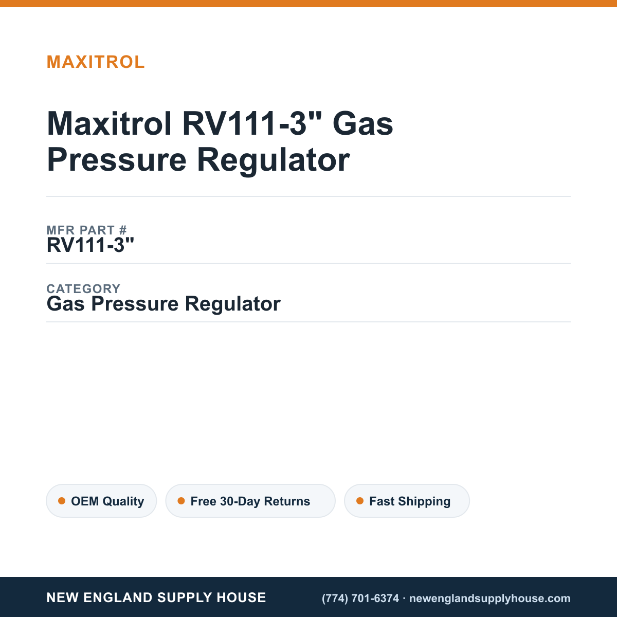 Maxitrol RV111-3" Gas Pressure Regulator — New England Supply House spec card [NESH-SPEC-CARD-V2]