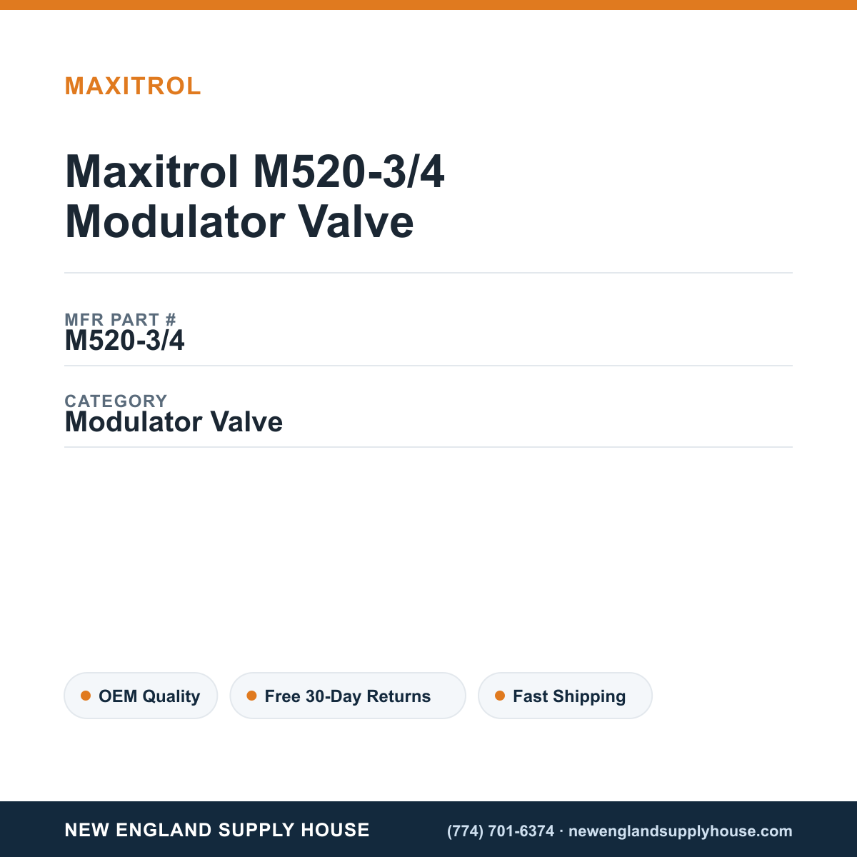 Maxitrol M520-3/4 Modulator Valve — New England Supply House spec card [NESH-SPEC-CARD-V2]