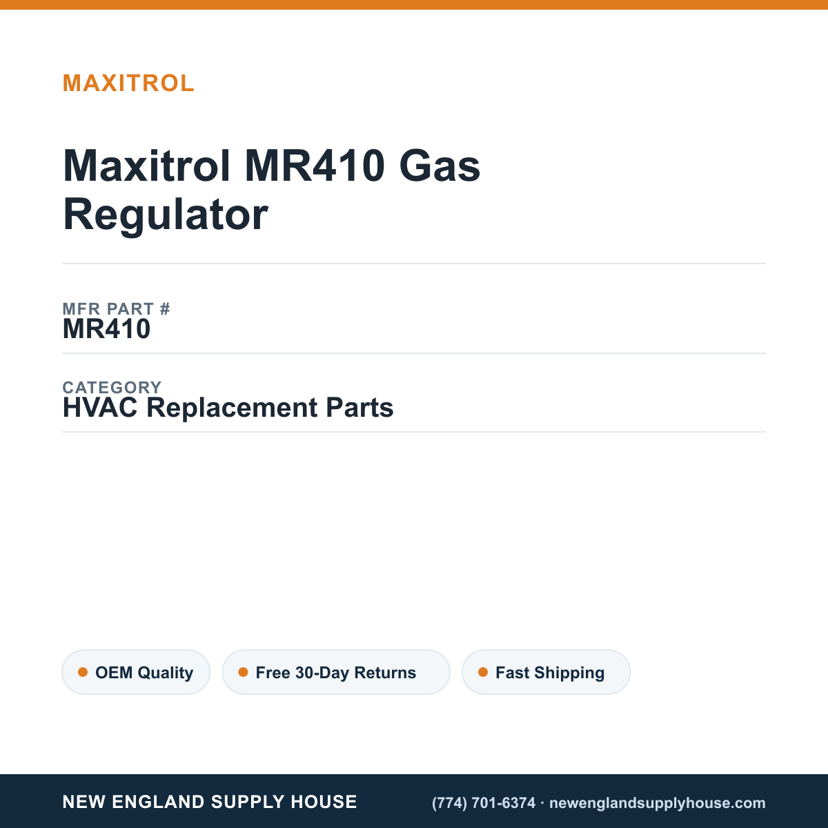 Maxitrol MR410 Gas Regulator — New England Supply House spec card [NESH-SPEC-CARD-V2]