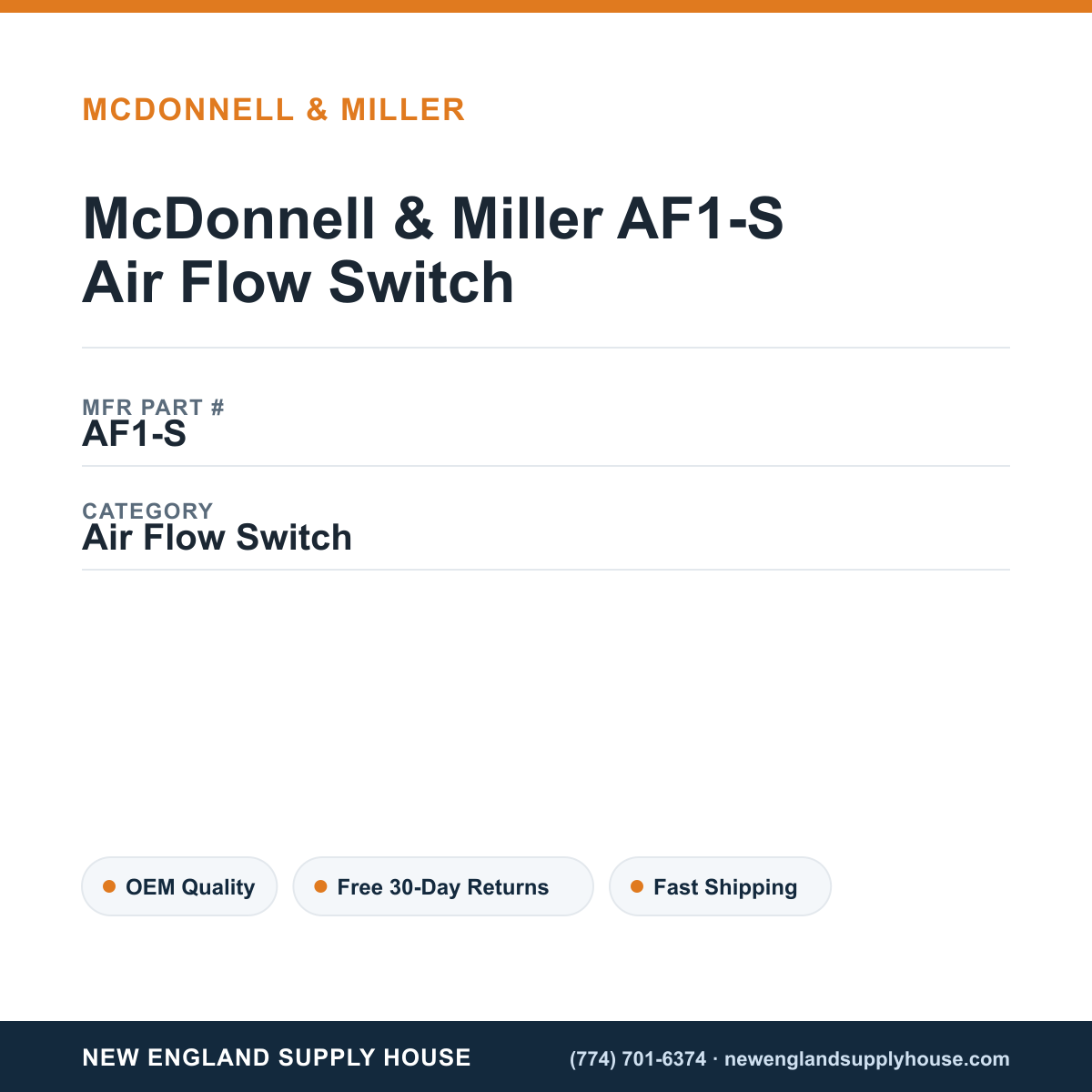 McDonnell & Miller AF1-S Air Flow Switch — New England Supply House spec card [NESH-SPEC-CARD-V2]