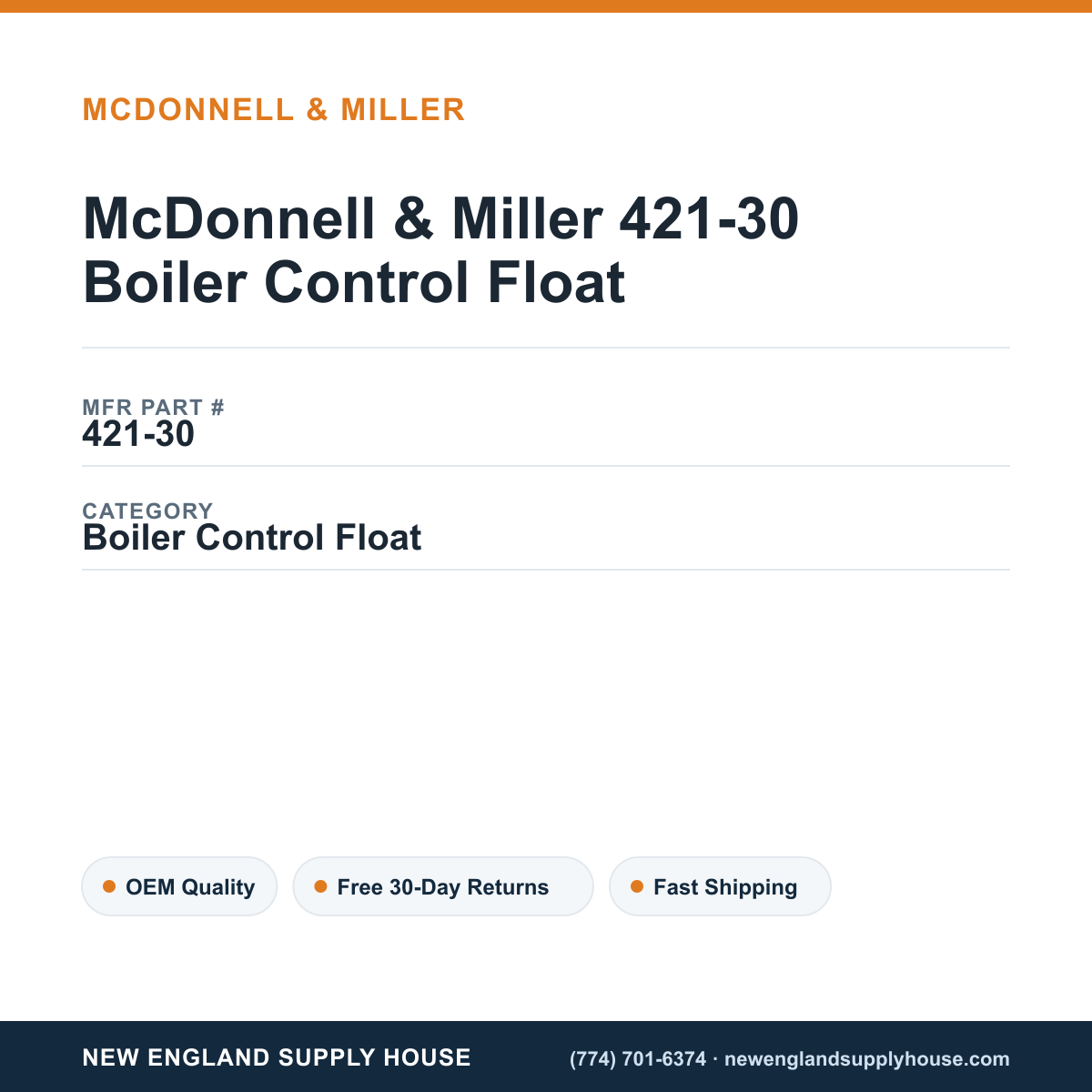 McDonnell & Miller 421-30 Boiler Control Float — New England Supply House spec card [NESH-SPEC-CARD-V2]