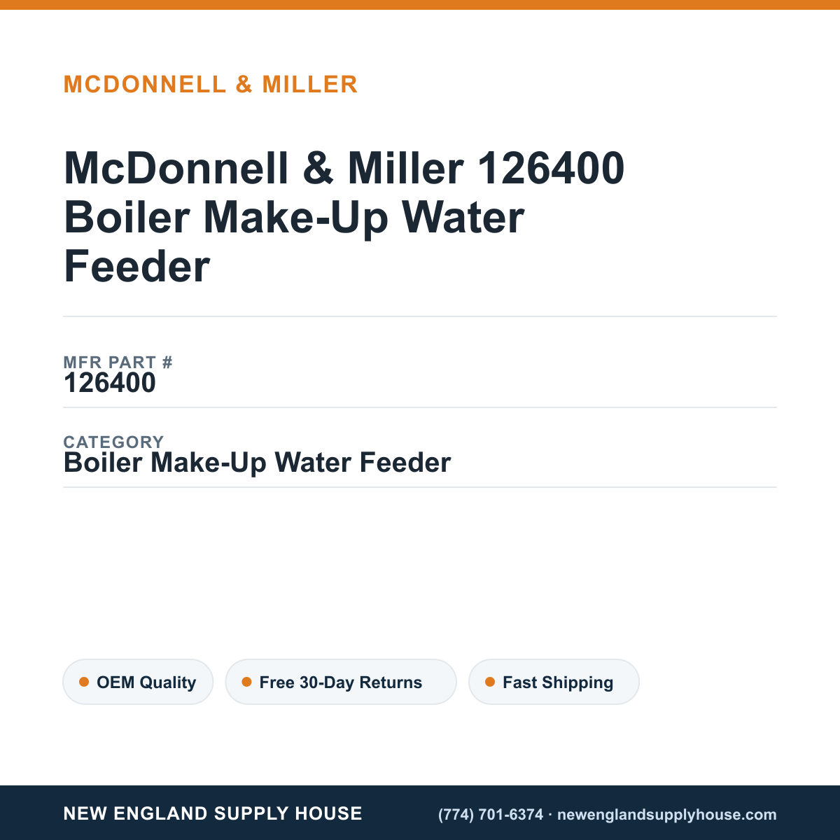 McDonnell & Miller 126400 Boiler Make-Up Water Feeder — New England Supply House spec card [NESH-SPEC-CARD-V2]
