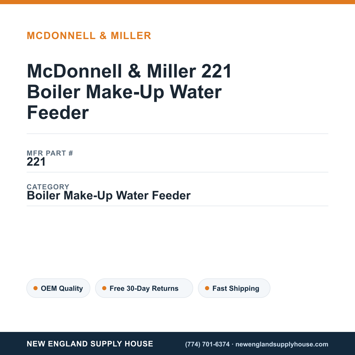 McDonnell & Miller 221 Boiler Make-Up Water Feeder — New England Supply House spec card [NESH-SPEC-CARD-V2]
