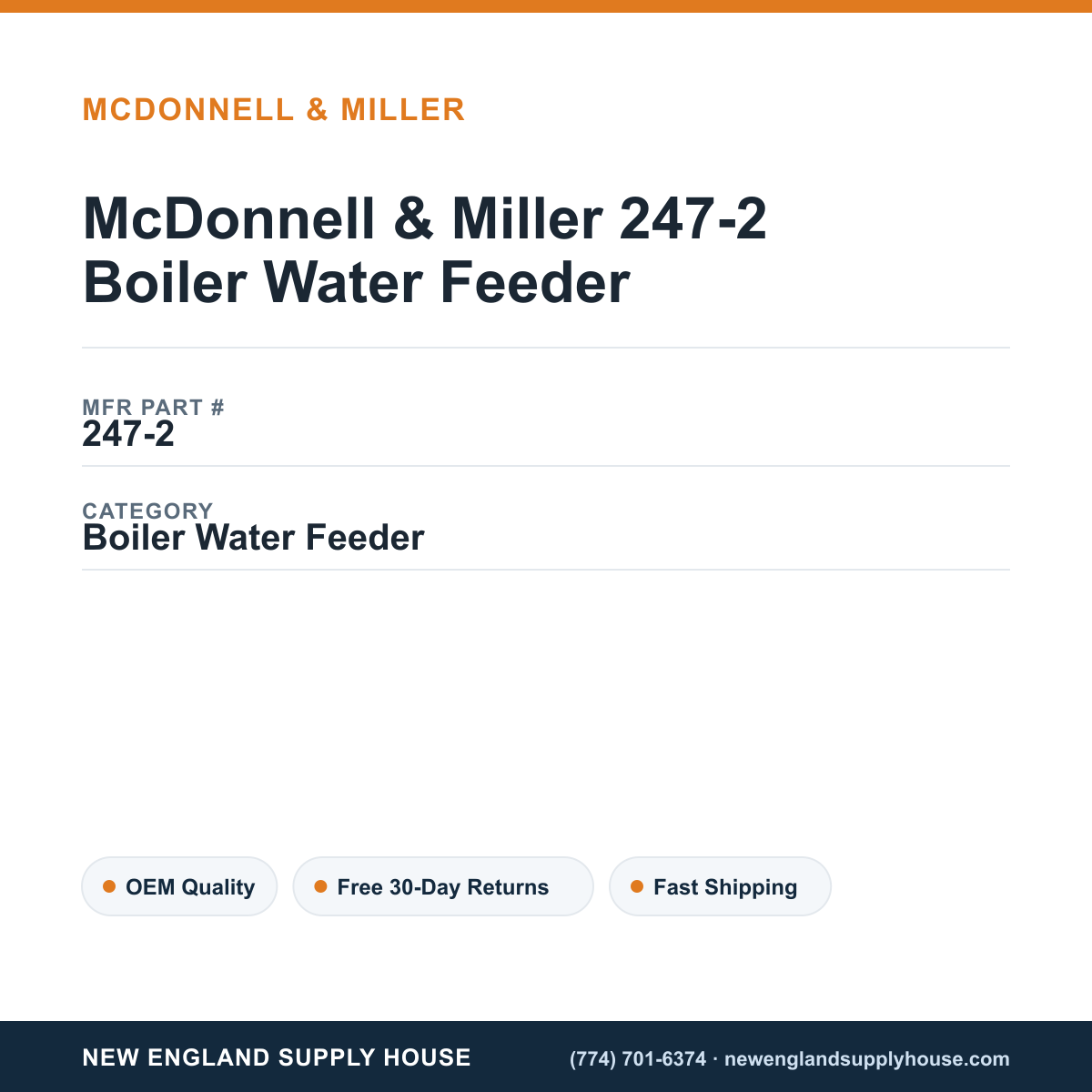 McDonnell & Miller 247-2 Boiler Water Feeder — New England Supply House spec card [NESH-SPEC-CARD-V2]