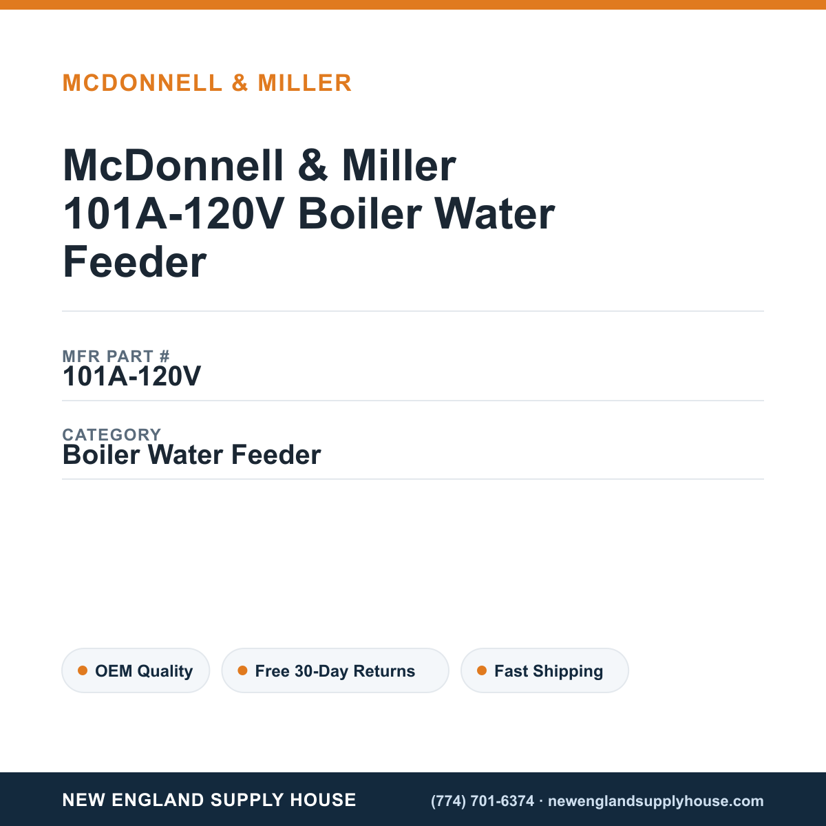 McDonnell & Miller 101A-120V Boiler Water Feeder — New England Supply House spec card [NESH-SPEC-CARD-V2]