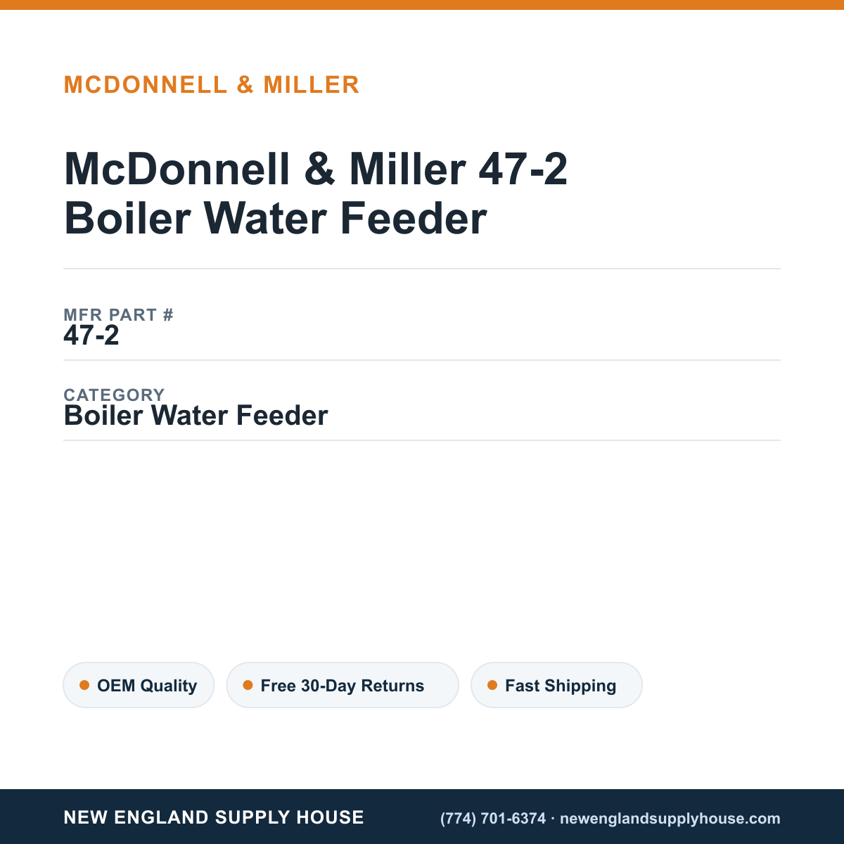 McDonnell & Miller 47-2 Boiler Water Feeder — New England Supply House spec card [NESH-SPEC-CARD-V2]