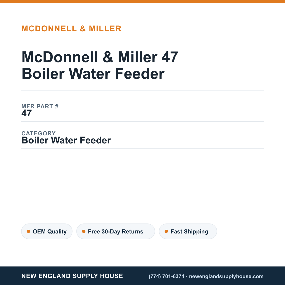 McDonnell & Miller 47 Boiler Water Feeder — New England Supply House spec card [NESH-SPEC-CARD-V2]
