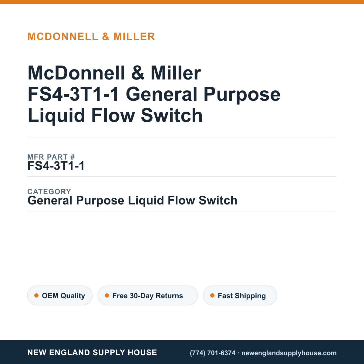 McDonnell & Miller FS4-3T1-1 General Purpose Liquid Flow Switch — New England Supply House spec card [NESH-SPEC-CARD-V2]