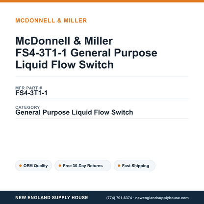 McDonnell & Miller FS4-3T1-1 General Purpose Liquid Flow Switch — New England Supply House spec card [NESH-SPEC-CARD-V2]
