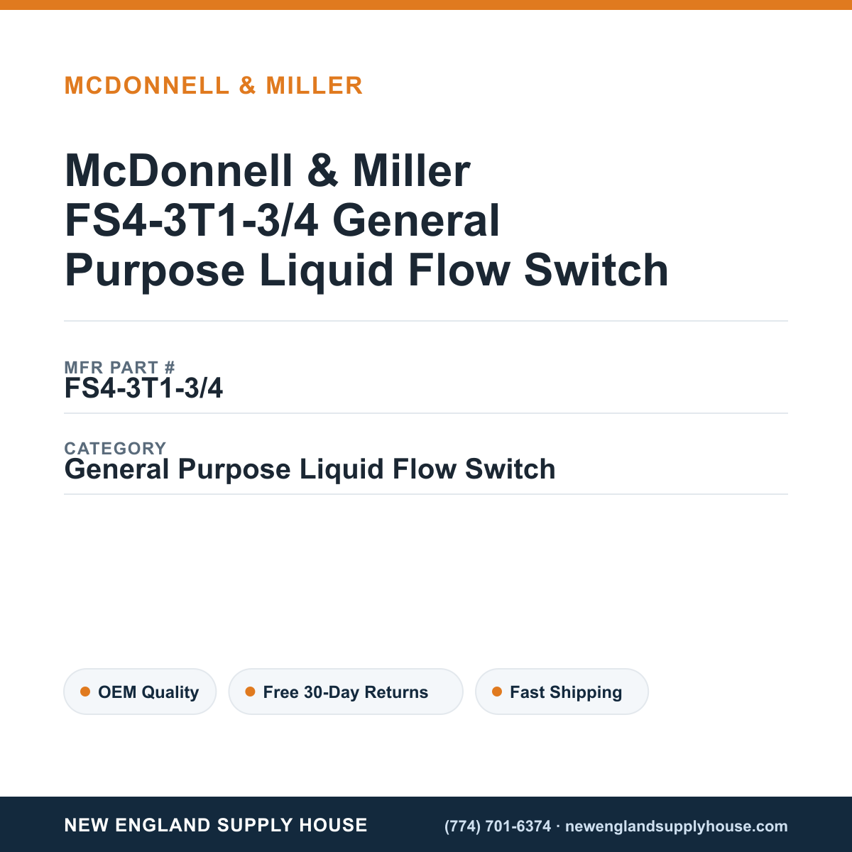 McDonnell & Miller FS4-3T1-3/4 General Purpose Liquid Flow Switch — New England Supply House spec card [NESH-SPEC-CARD-V2]