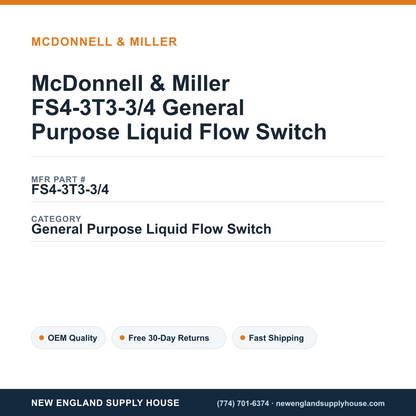 McDonnell & Miller FS4-3T3-3/4 General Purpose Liquid Flow Switch — New England Supply House spec card [NESH-SPEC-CARD-V2]