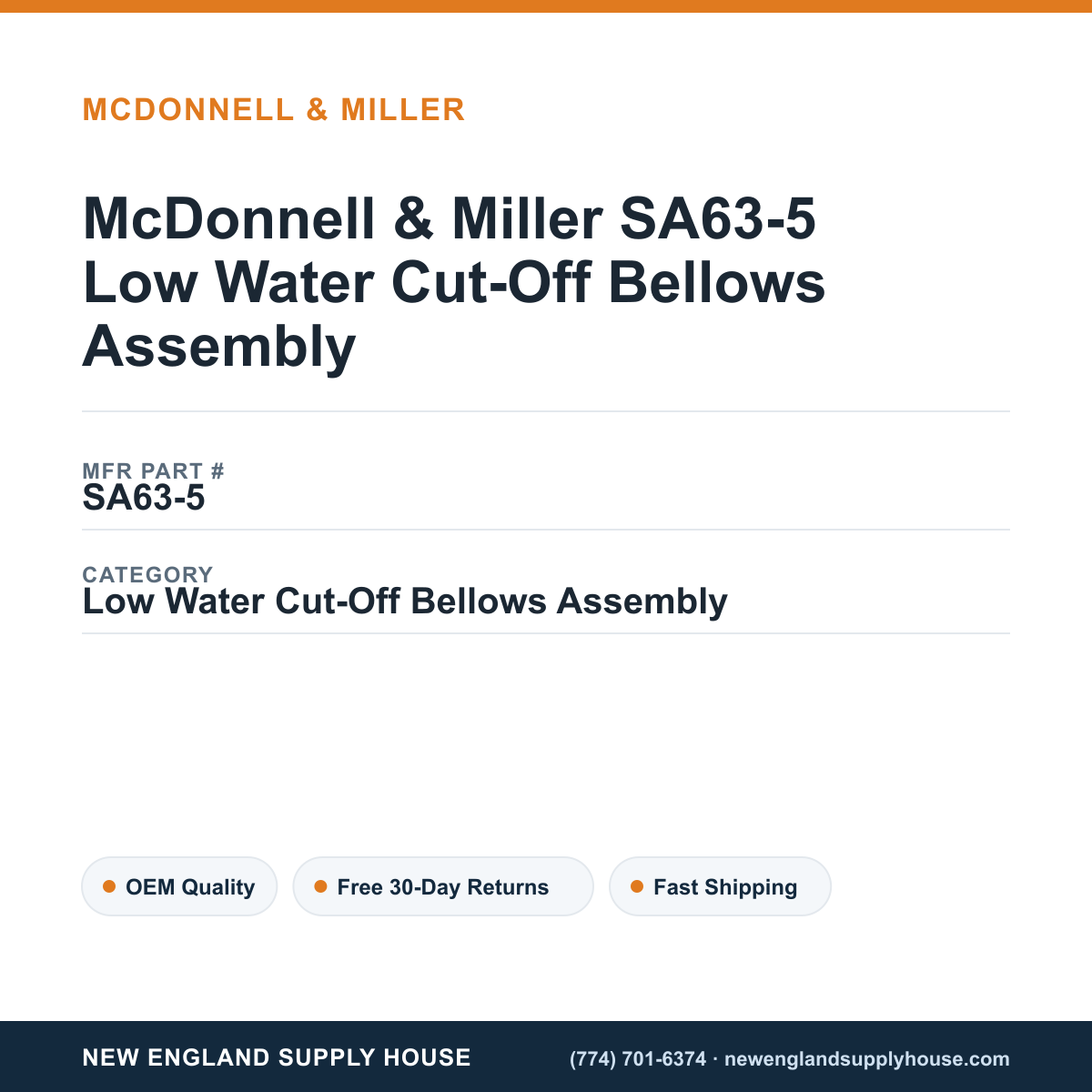 McDonnell & Miller SA63-5 Low Water Cut-Off Bellows Assembly — New England Supply House spec card [NESH-SPEC-CARD-V2]