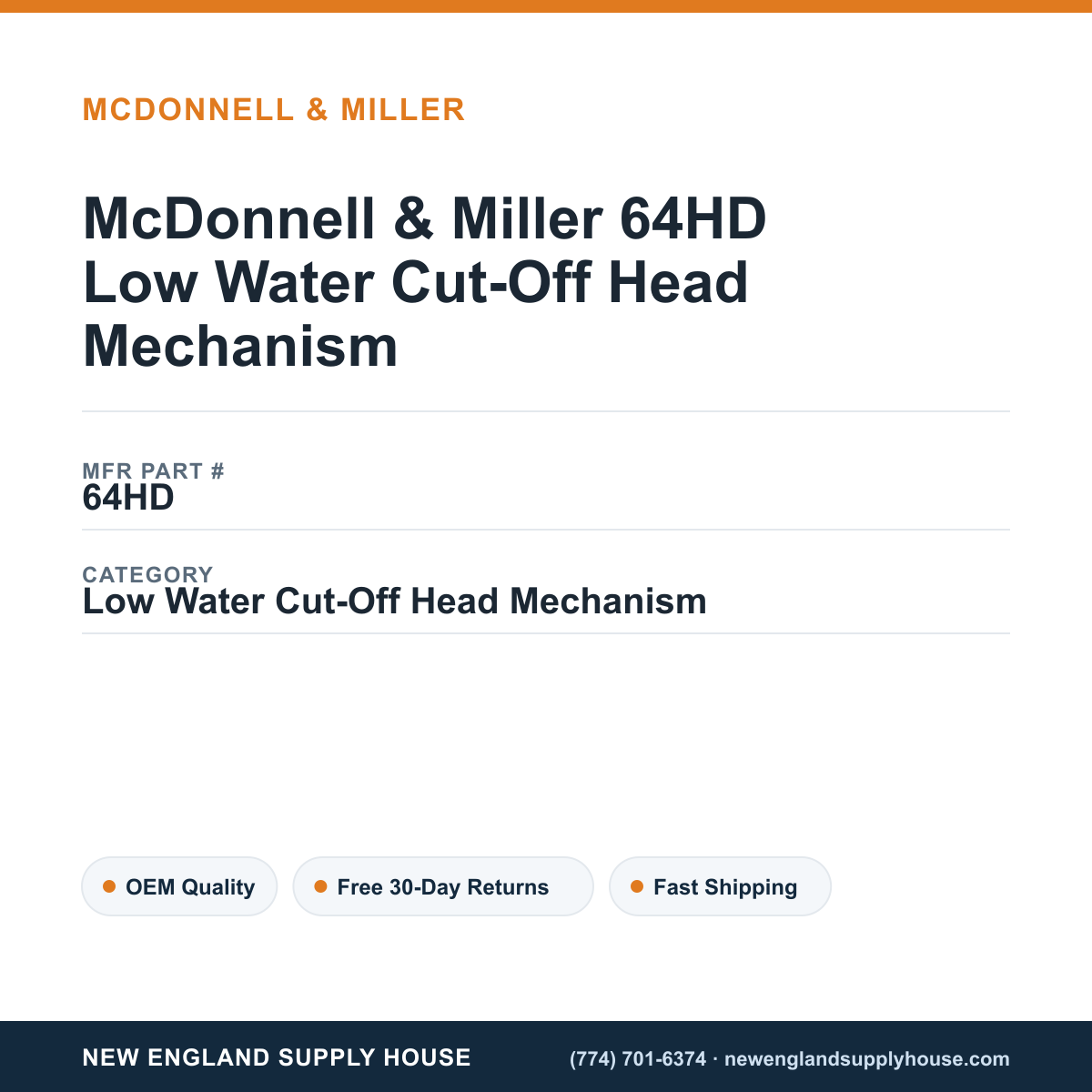 McDonnell & Miller 64HD Low Water Cut-Off Head Mechanism — New England Supply House spec card [NESH-SPEC-CARD-V2]