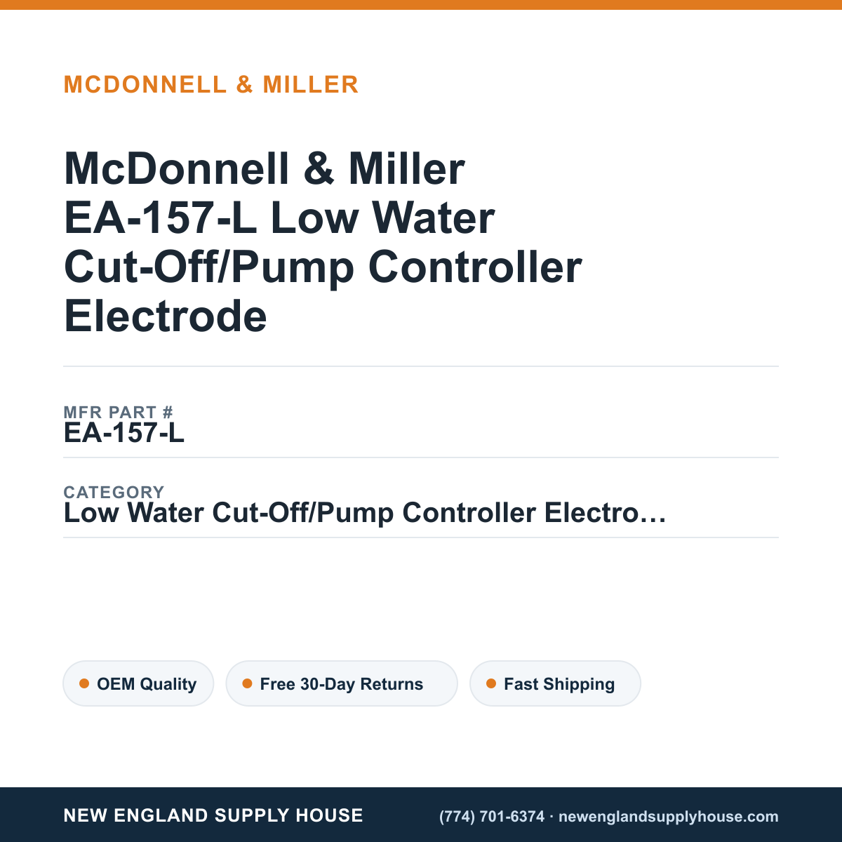 McDonnell & Miller EA-157-L Low Water Cut-Off/Pump Controller Electrode — New England Supply House spec card [NESH-SPEC-CARD-V2]