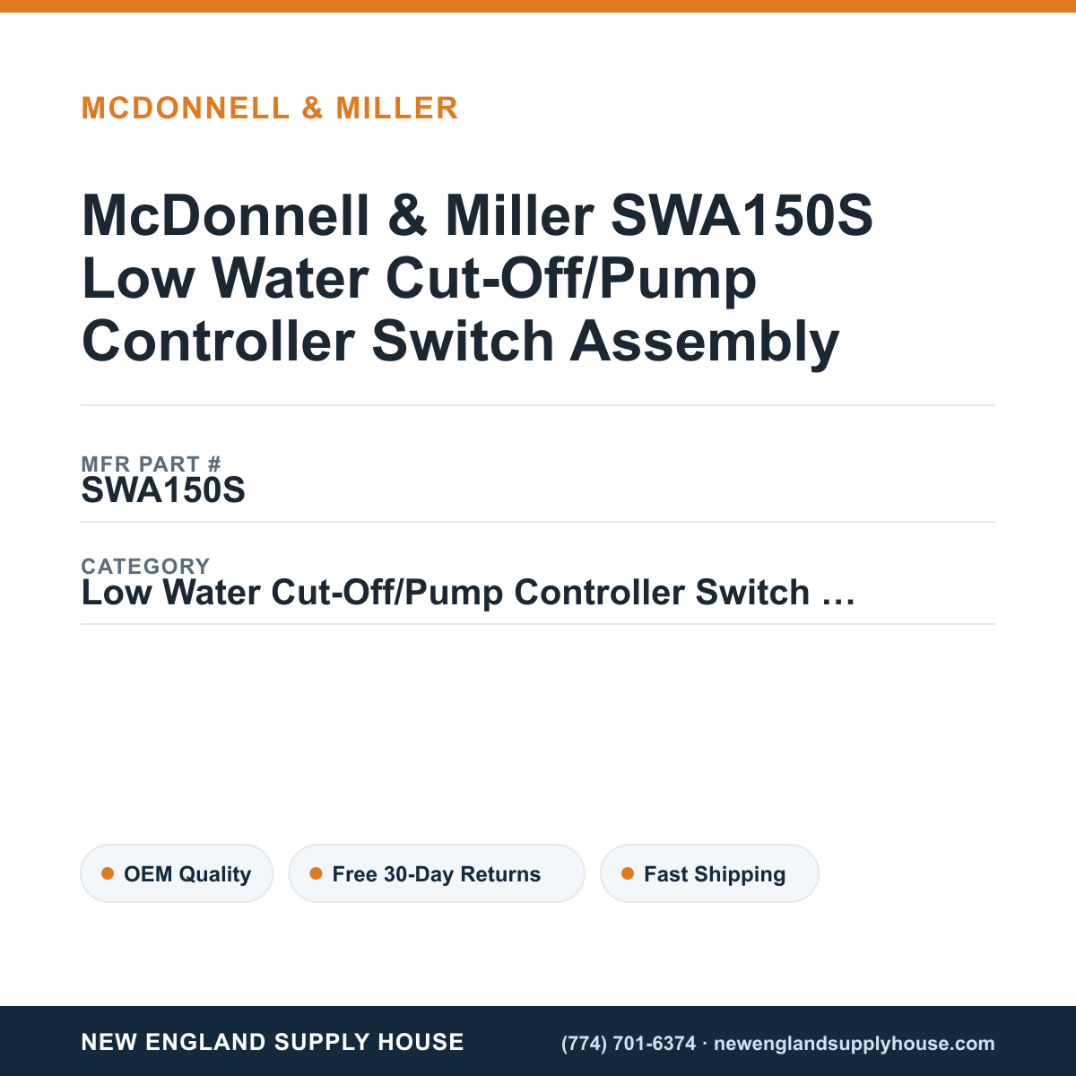 McDonnell & Miller SWA150S Low Water Cut-Off/Pump Controller Switch Assembly — New England Supply House spec card [NESH-SPEC-CARD-V2]