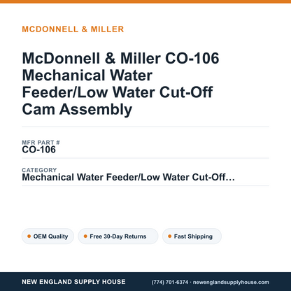 McDonnell & Miller CO-106 Mechanical Water Feeder/Low Water Cut-Off Cam Assembly — New England Supply House spec card [NESH-SPEC-CARD-V2]