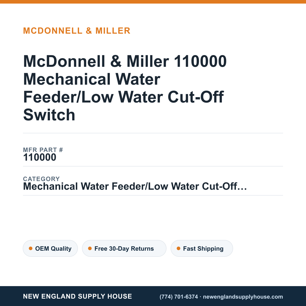McDonnell & Miller 110000 Mechanical Water Feeder/Low Water Cut-Off Switch — New England Supply House spec card [NESH-SPEC-CARD-V2]