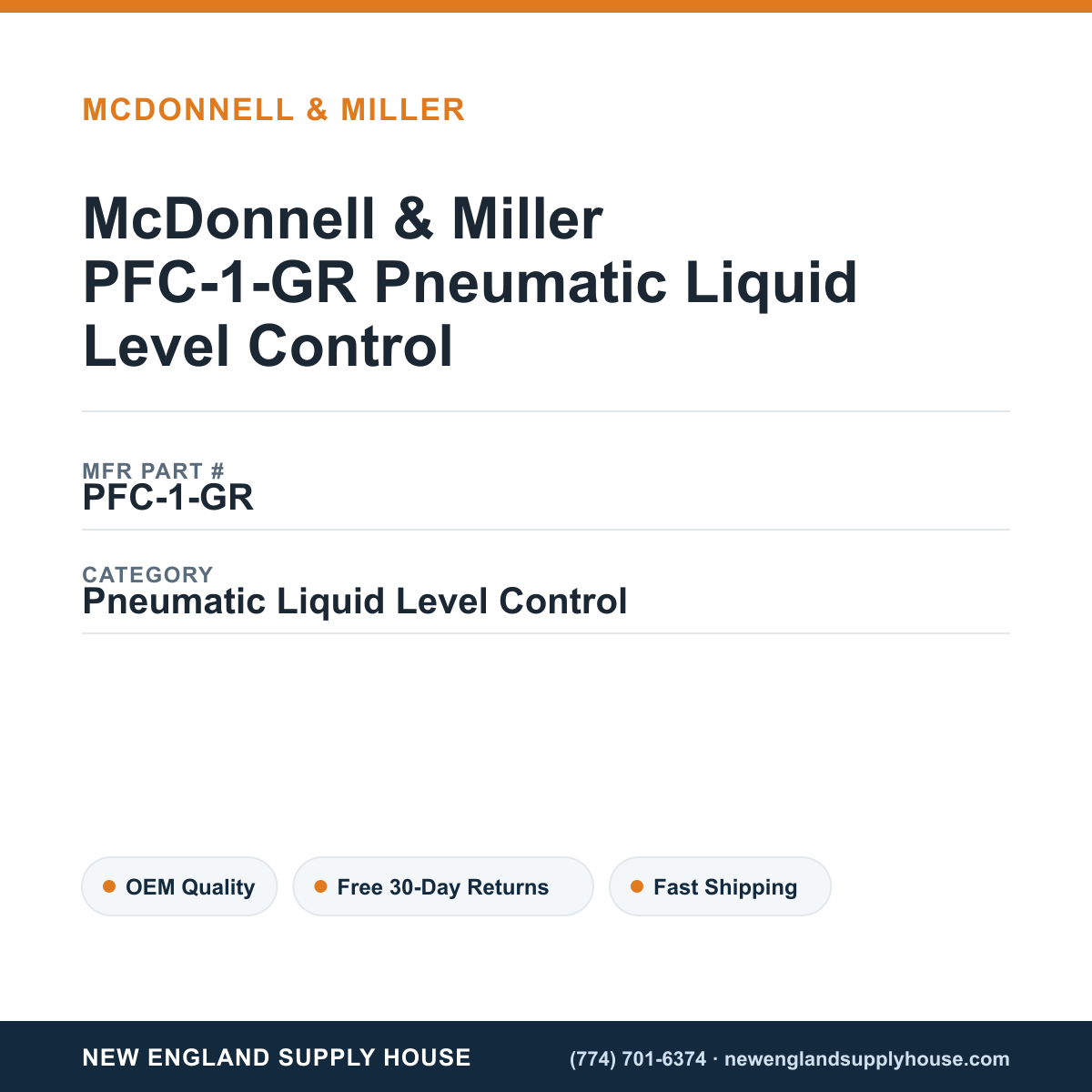 McDonnell & Miller PFC-1-GR Pneumatic Liquid Level Control — New England Supply House spec card [NESH-SPEC-CARD-V2]