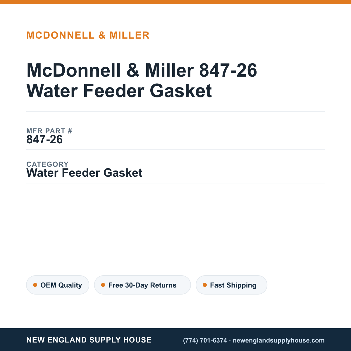 McDonnell & Miller 847-26 Water Feeder Gasket — New England Supply House spec card [NESH-SPEC-CARD-V2]