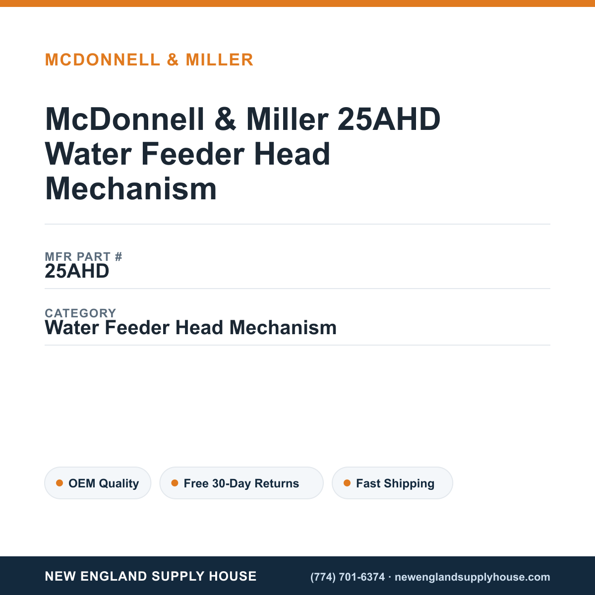 McDonnell & Miller 25AHD Water Feeder Head Mechanism — New England Supply House spec card [NESH-SPEC-CARD-V2]