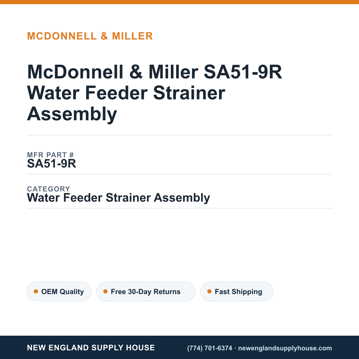 McDonnell & Miller SA51-9R Water Feeder Strainer Assembly — New England Supply House spec card [NESH-SPEC-CARD-V2]