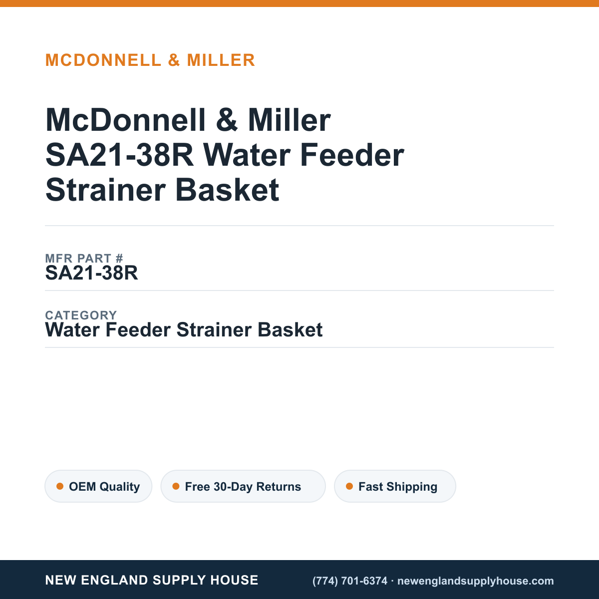 McDonnell & Miller SA21-38R Water Feeder Strainer Basket — New England Supply House spec card [NESH-SPEC-CARD-V2]