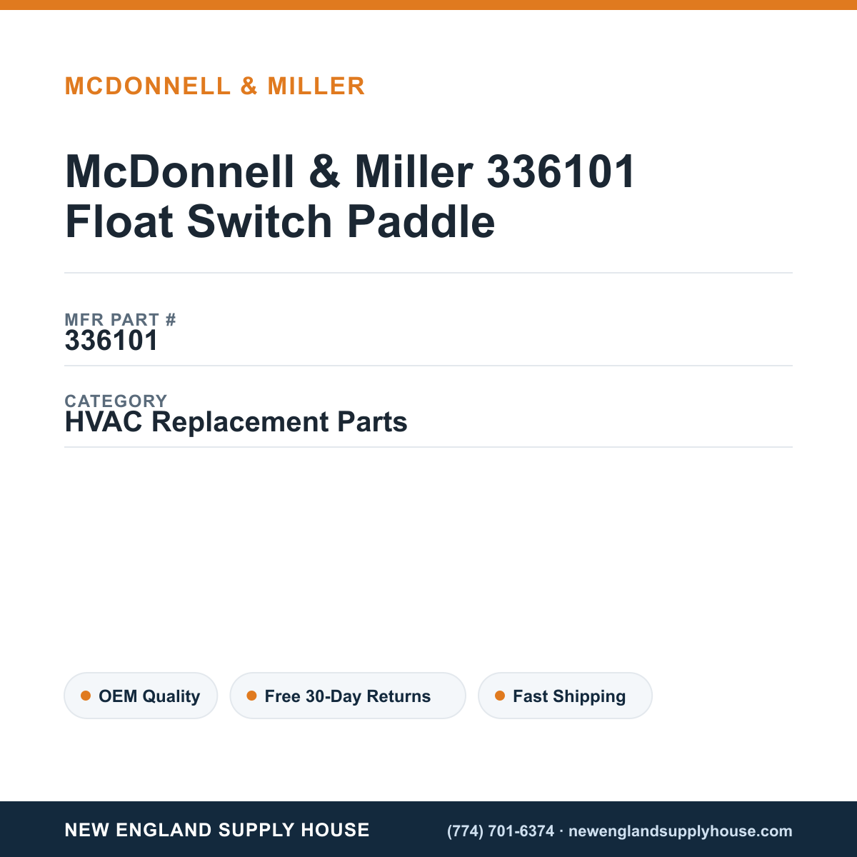 McDonnell & Miller 336101 Float Switch Paddle — New England Supply House spec card [NESH-SPEC-CARD-V2]