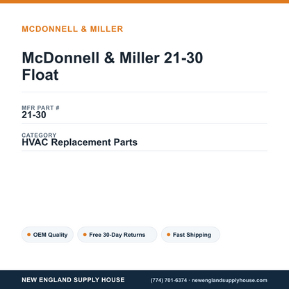 McDonnell & Miller 21-30 Float — New England Supply House spec card [NESH-SPEC-CARD-V2]