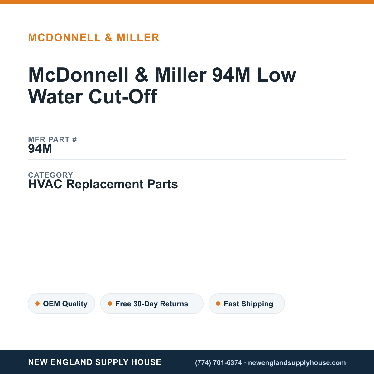 McDonnell & Miller 94M Low Water Cut-Off — New England Supply House spec card [NESH-SPEC-CARD-V2]