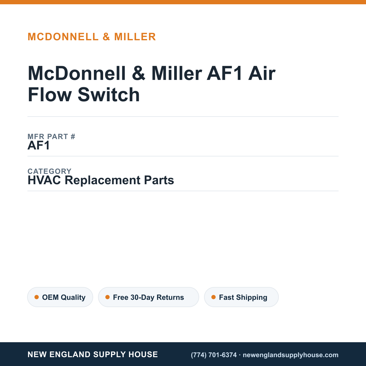 McDonnell & Miller AF1 Air Flow Switch — New England Supply House spec card [NESH-SPEC-CARD-V2]
