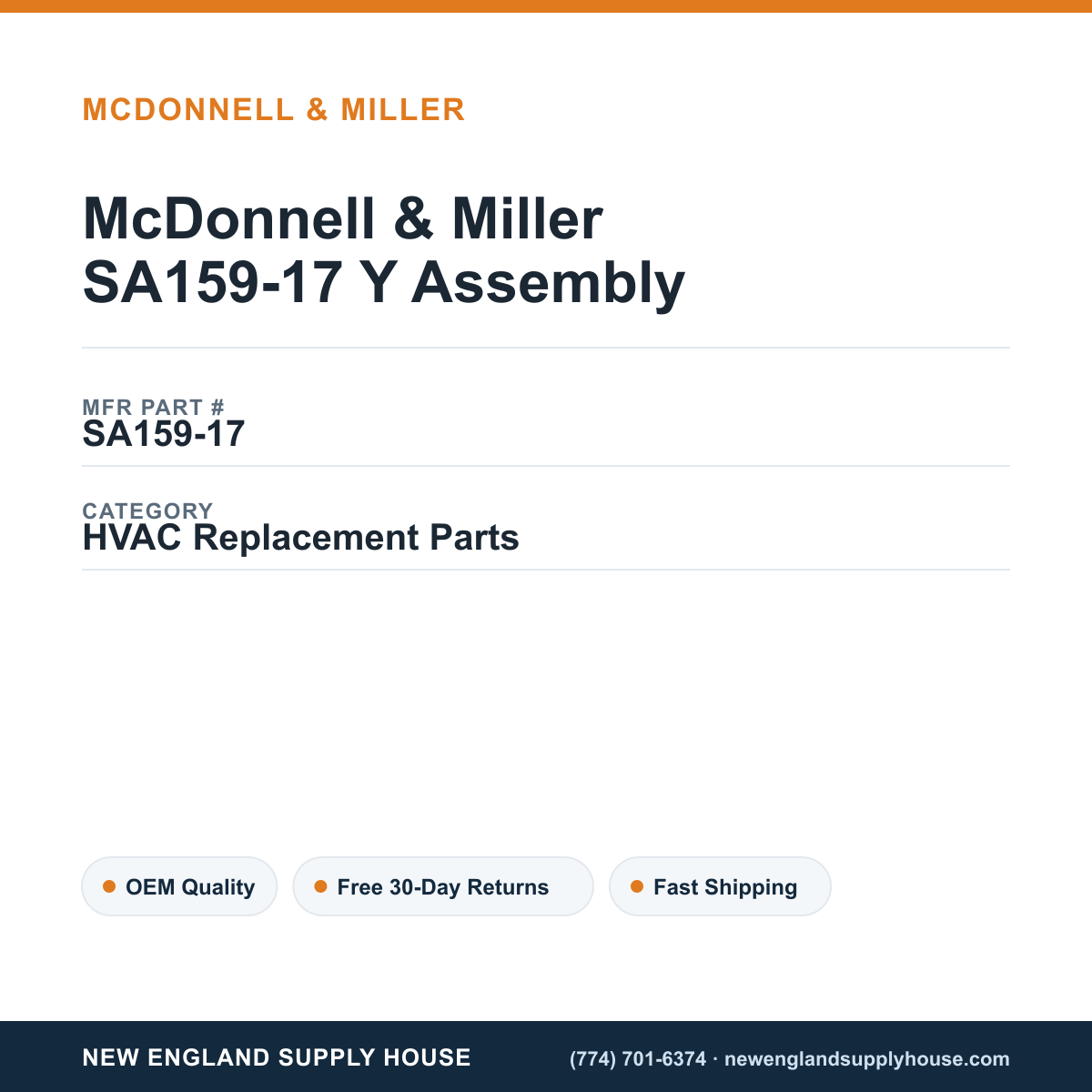 McDonnell & Miller SA159-17 Y Assembly — New England Supply House spec card [NESH-SPEC-CARD-V2]