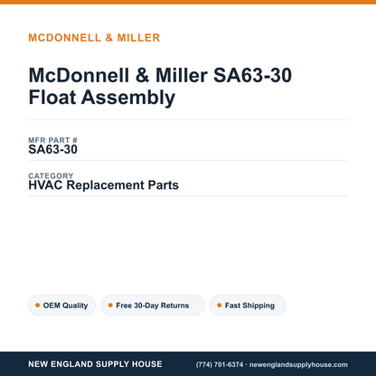 McDonnell & Miller SA63-30 Float Assembly — New England Supply House spec card [NESH-SPEC-CARD-V2]