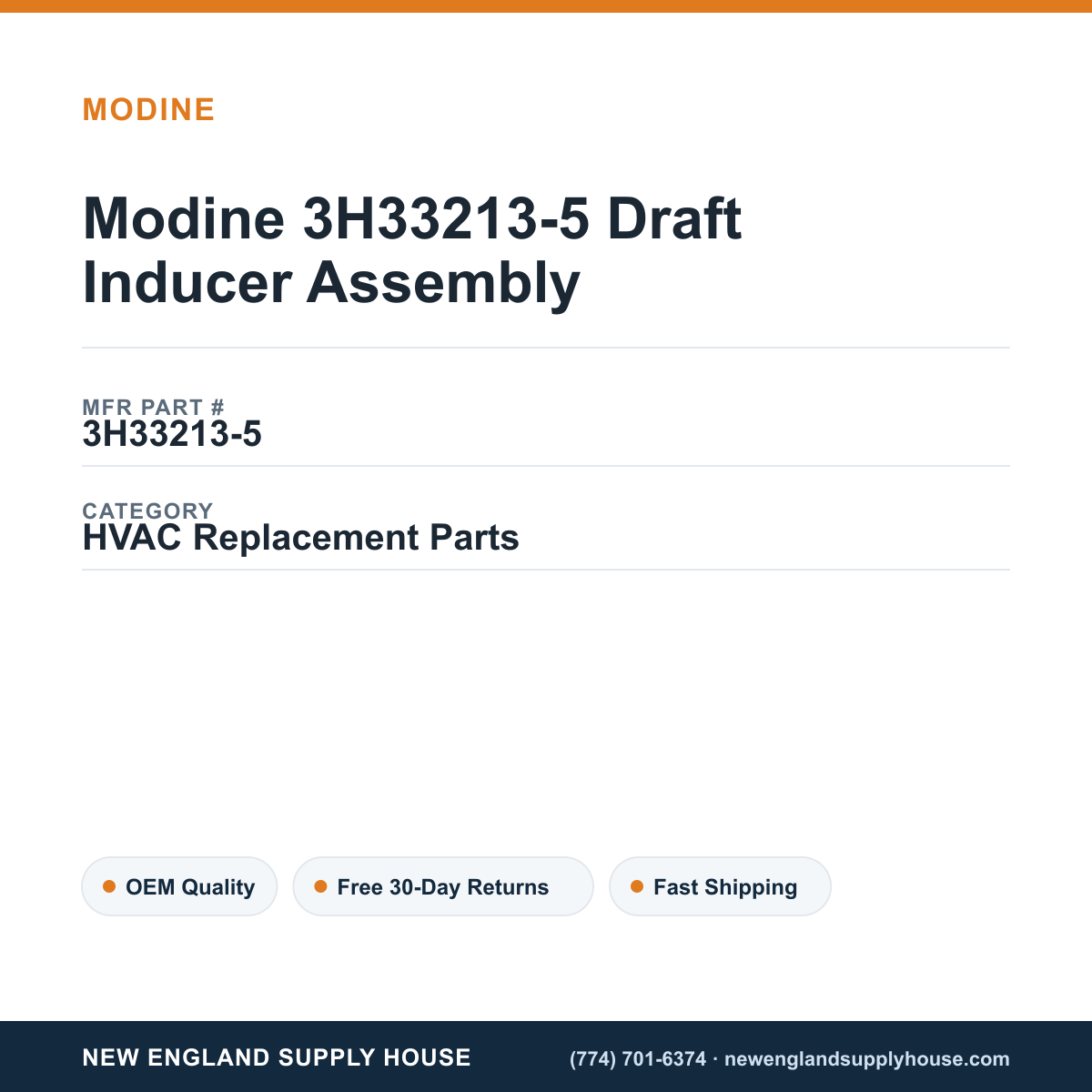 Modine 3H33213-5 Draft Inducer Assembly — New England Supply House spec card [NESH-SPEC-CARD-V2]