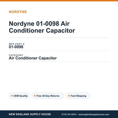 Nordyne 01-0098 Air Conditioner Capacitor — New England Supply House spec card [NESH-SPEC-CARD-V2]