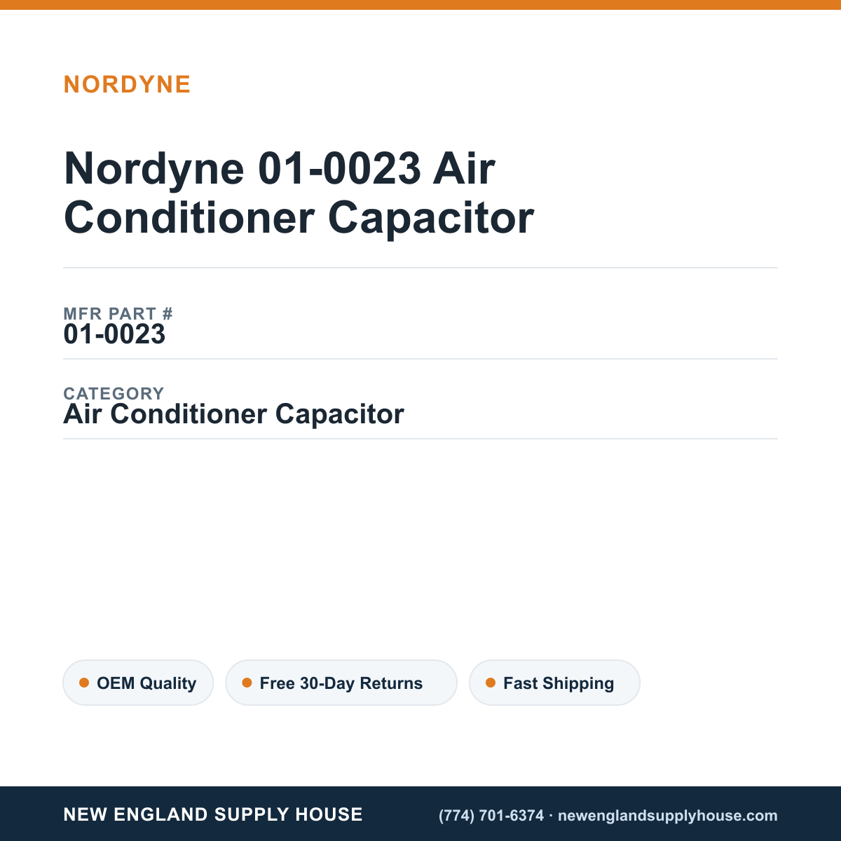 Nordyne 01-0023 Air Conditioner Capacitor — New England Supply House spec card [NESH-SPEC-CARD-V2]