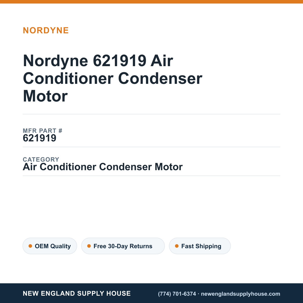 Nordyne 621919 Air Conditioner Condenser Motor — New England Supply House spec card [NESH-SPEC-CARD-V2]