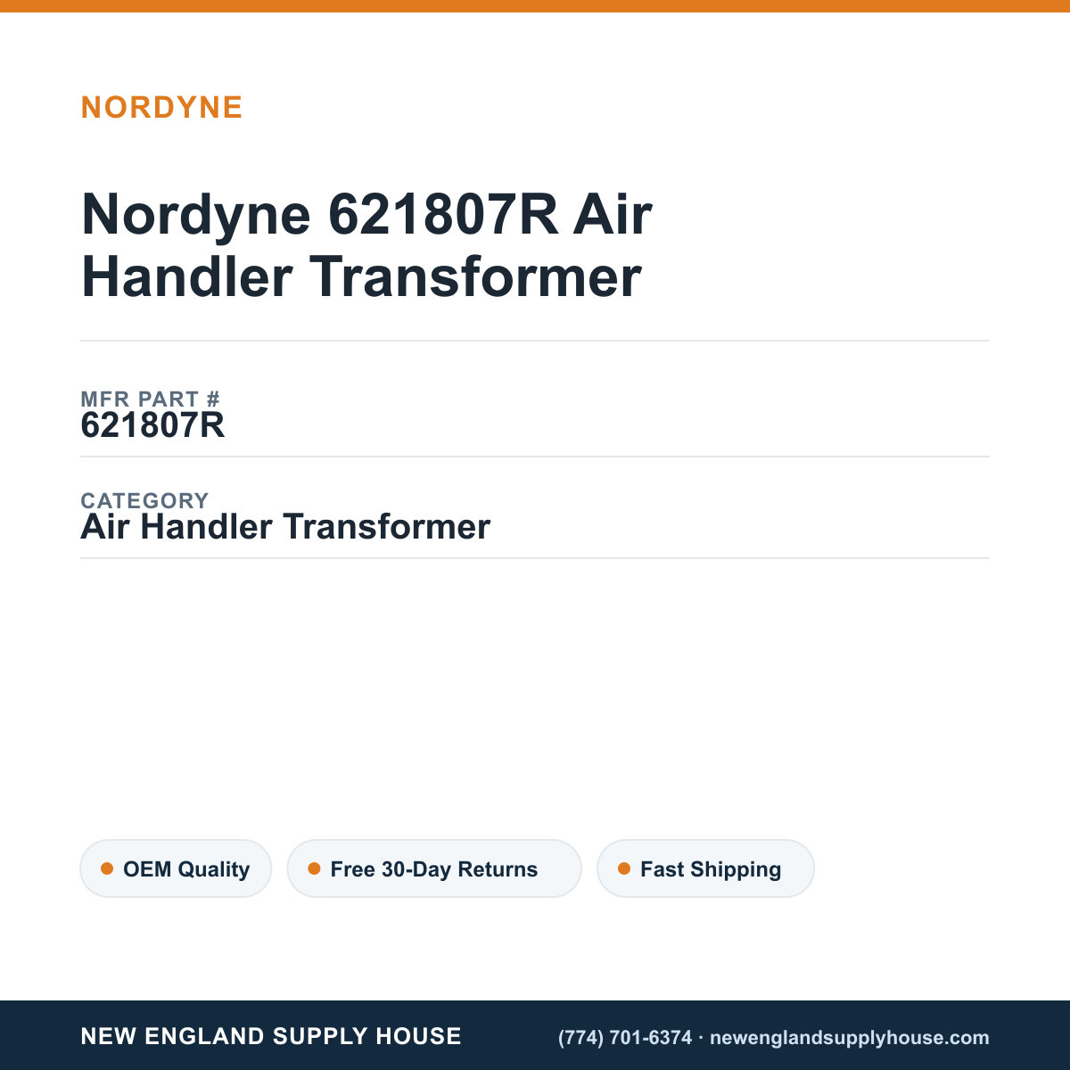 Nordyne 621807R Air Handler Transformer — New England Supply House spec card [NESH-SPEC-CARD-V2]