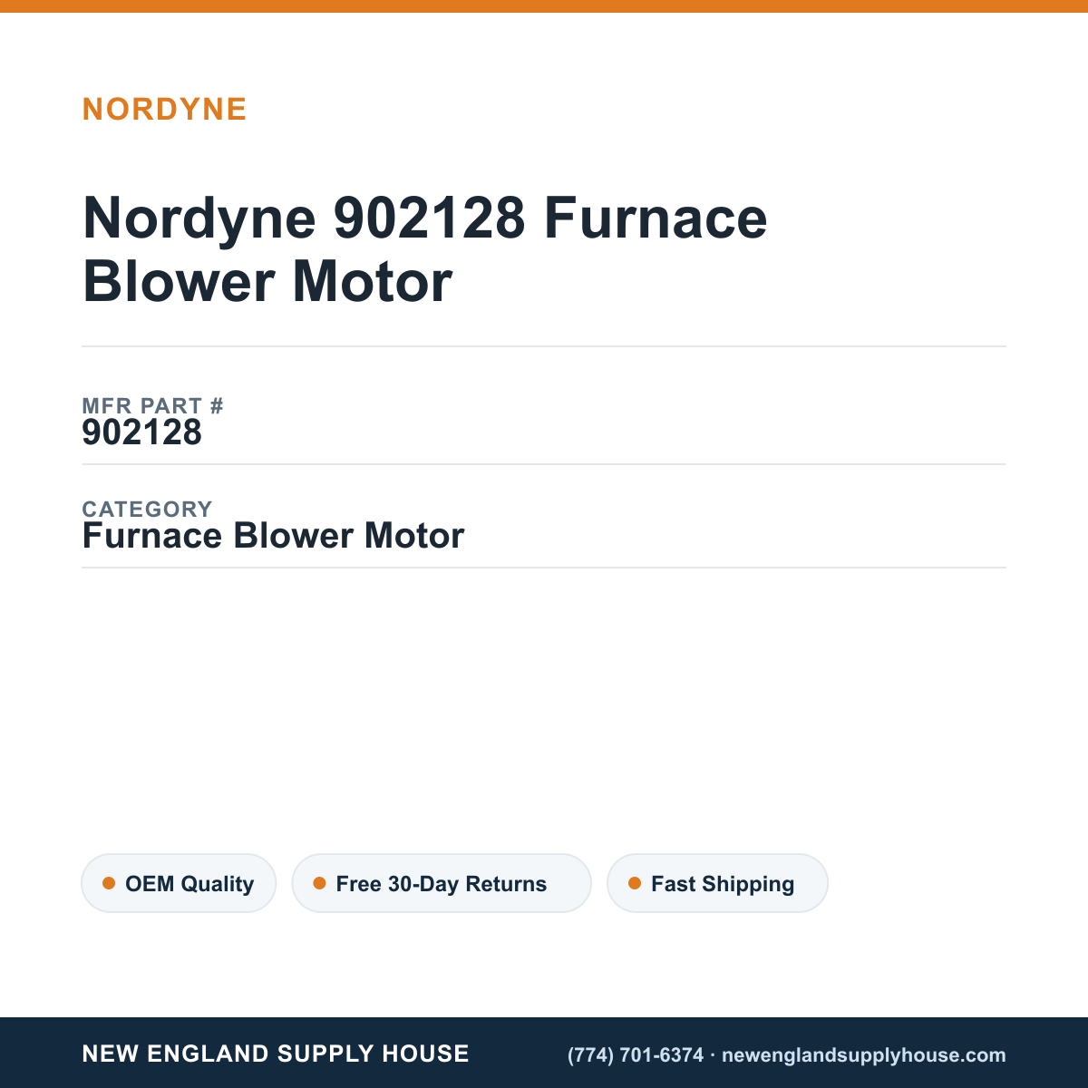 Nordyne 902128 Furnace Blower Motor — New England Supply House spec card [NESH-SPEC-CARD-V2]