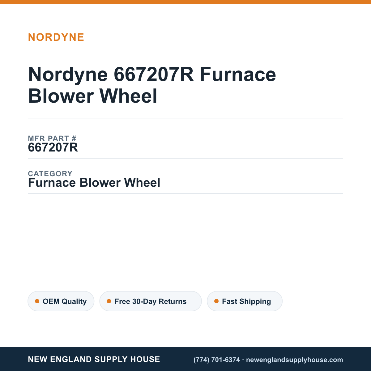 Nordyne 667207R Furnace Blower Wheel — New England Supply House spec card [NESH-SPEC-CARD-V2]