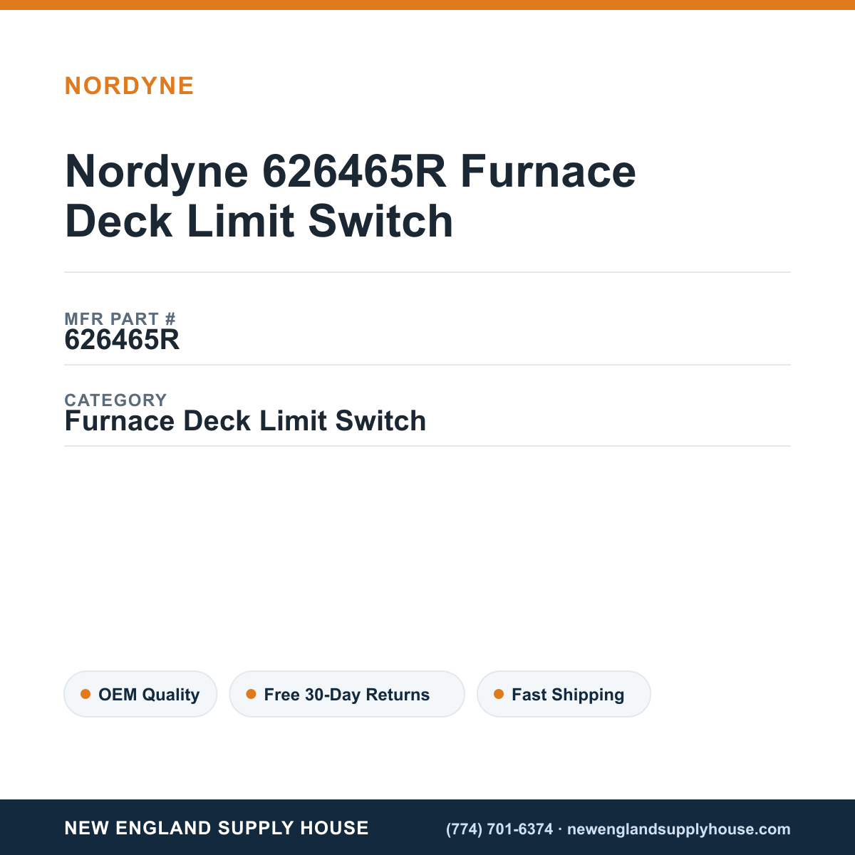 Nordyne 626465R Furnace Deck Limit Switch — New England Supply House spec card [NESH-SPEC-CARD-V2]