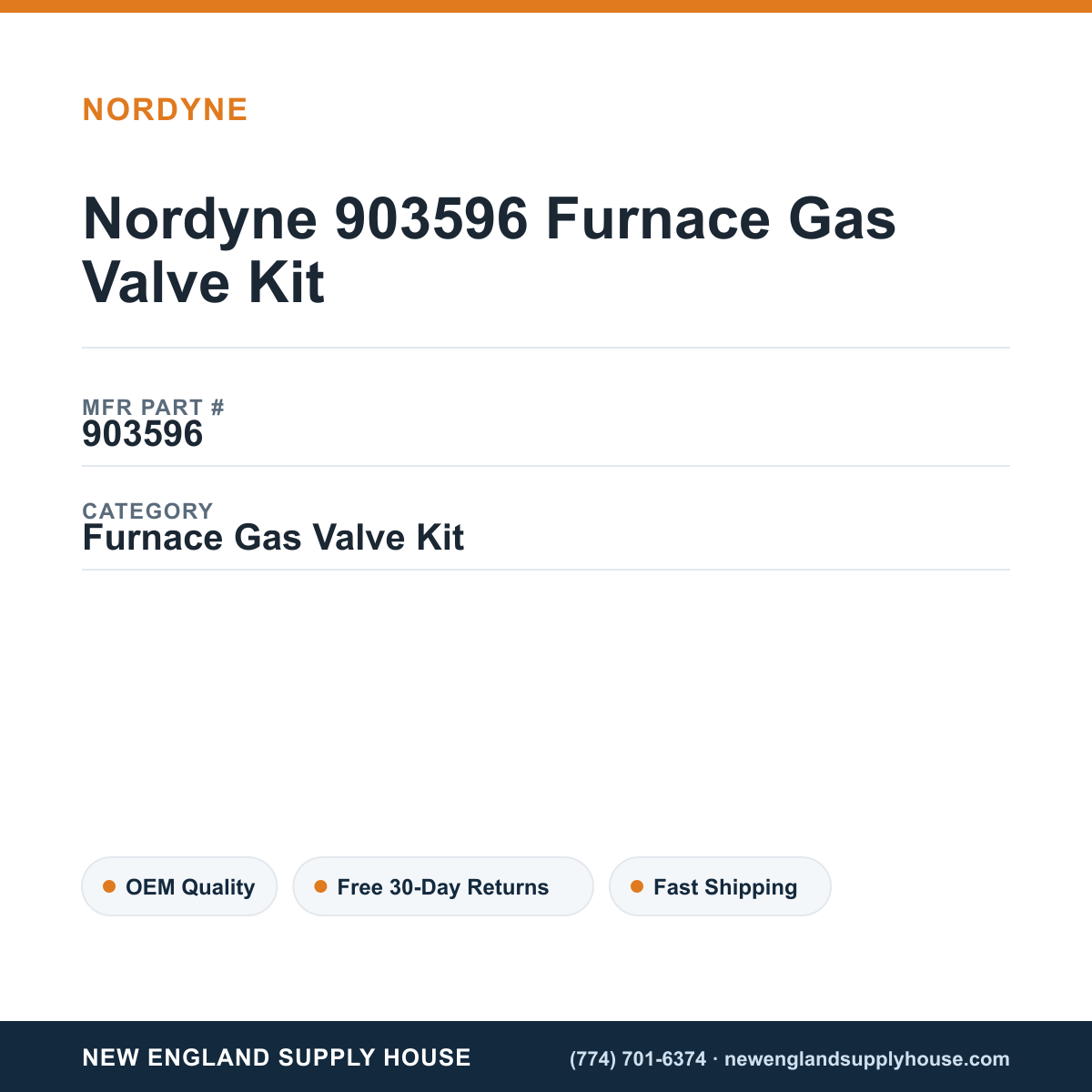 Nordyne 903596 Furnace Gas Valve Kit — New England Supply House spec card [NESH-SPEC-CARD-V2]