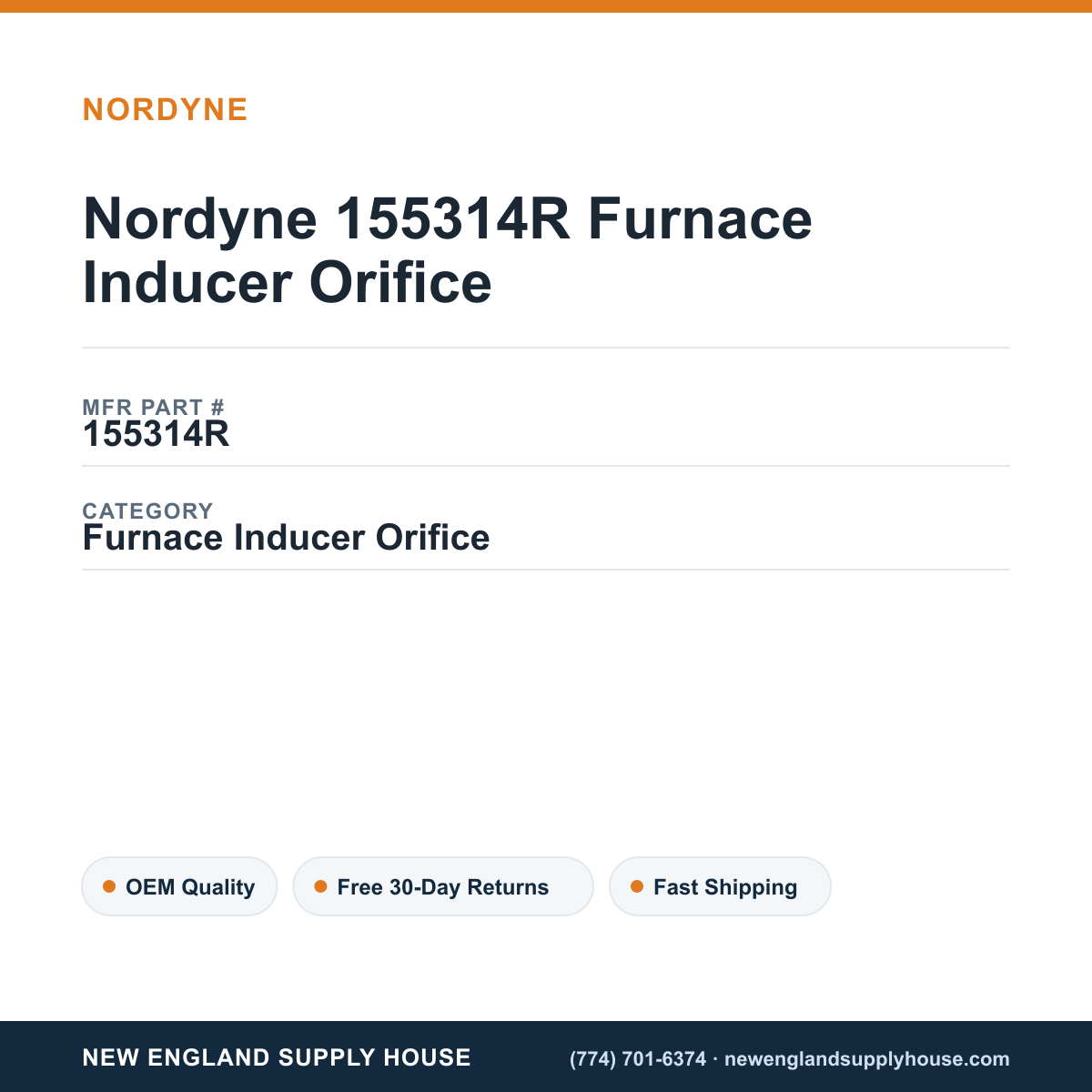 Nordyne 155314R Furnace Inducer Orifice — New England Supply House spec card [NESH-SPEC-CARD-V2]