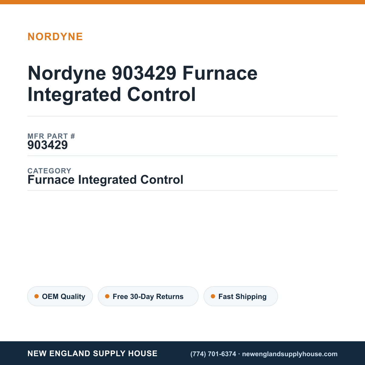 Nordyne 903429 Furnace Integrated Control — New England Supply House spec card [NESH-SPEC-CARD-V2]
