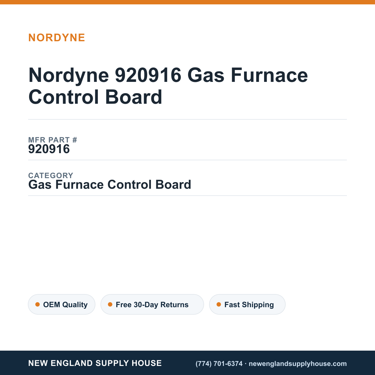 Nordyne 920916 Gas Furnace Control Board — New England Supply House spec card [NESH-SPEC-CARD-V2]