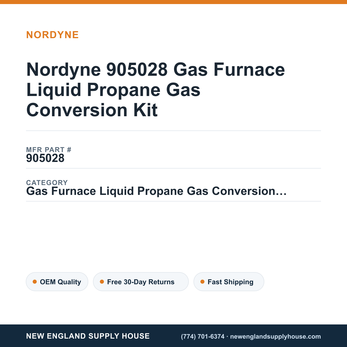 Nordyne 905028 Gas Furnace Liquid Propane Gas Conversion Kit — New England Supply House spec card [NESH-SPEC-CARD-V2]
