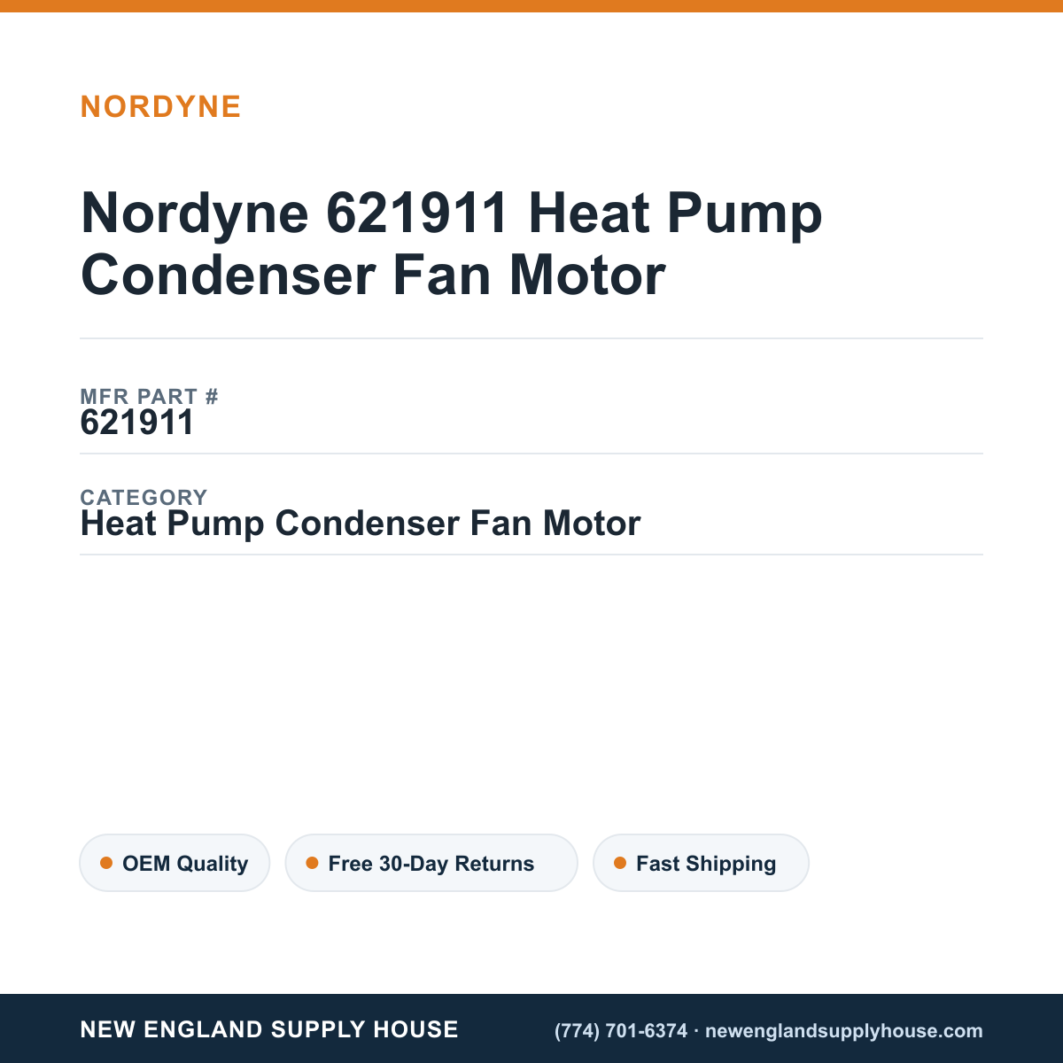 Nordyne 621911 Heat Pump Condenser Fan Motor — New England Supply House spec card [NESH-SPEC-CARD-V2]