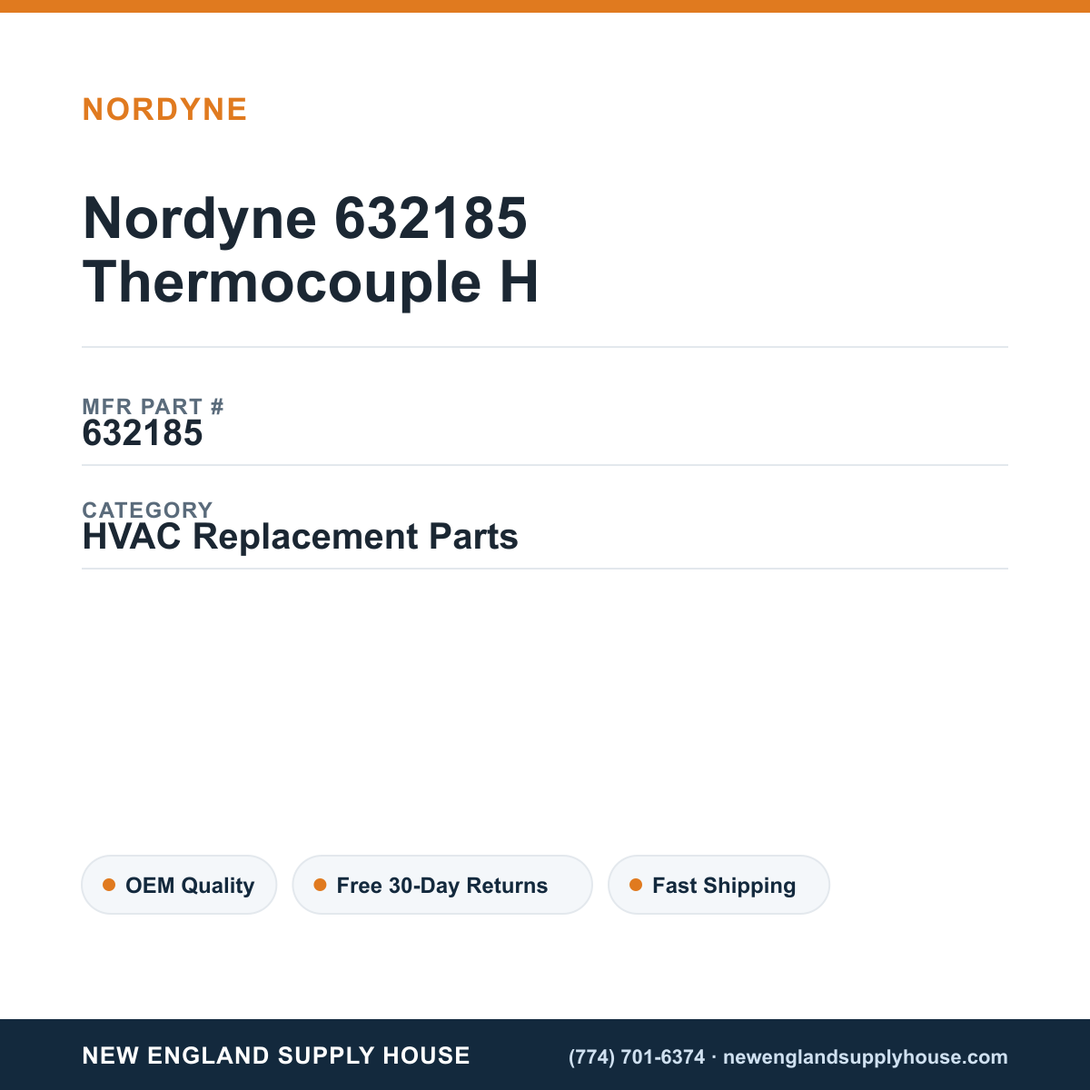Nordyne 632185 Thermocouple H — New England Supply House spec card [NESH-SPEC-CARD-V2]