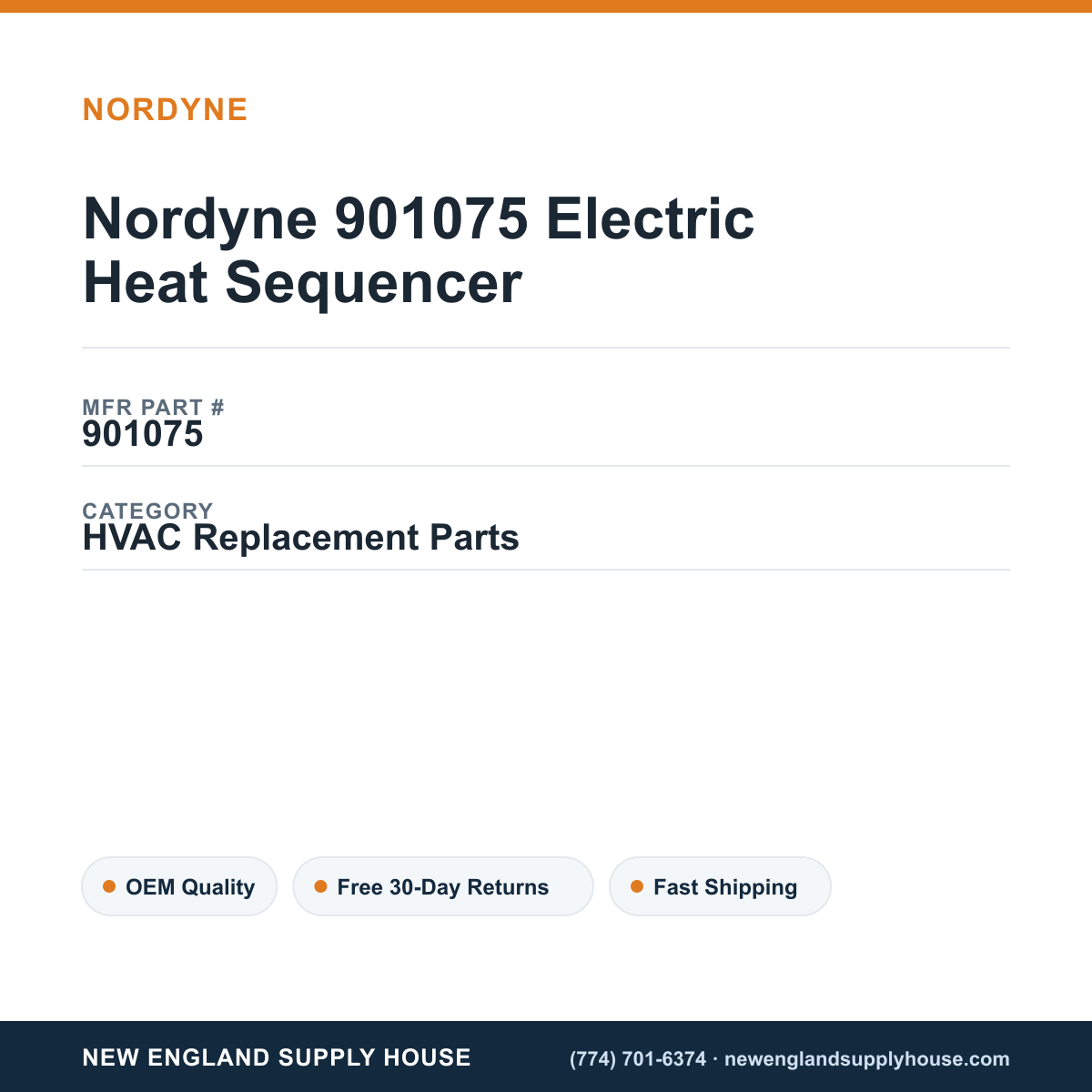 Nordyne 901075 Electric Heat Sequencer — New England Supply House spec card [NESH-SPEC-CARD-V2]
